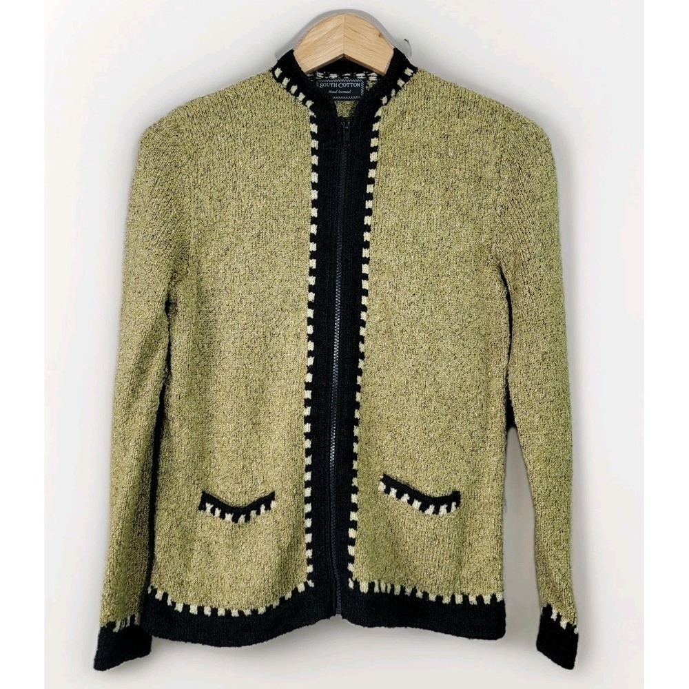 South Cotton Hand Loomed Women's Cardigan Jacket Zip Front Black Trim Medium‎
